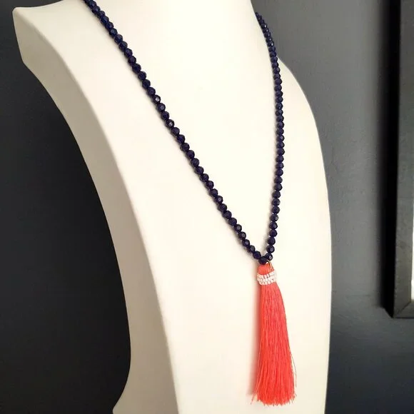 Navy beaded necklace with florescent orange thread tassel - Picture 3 of 12